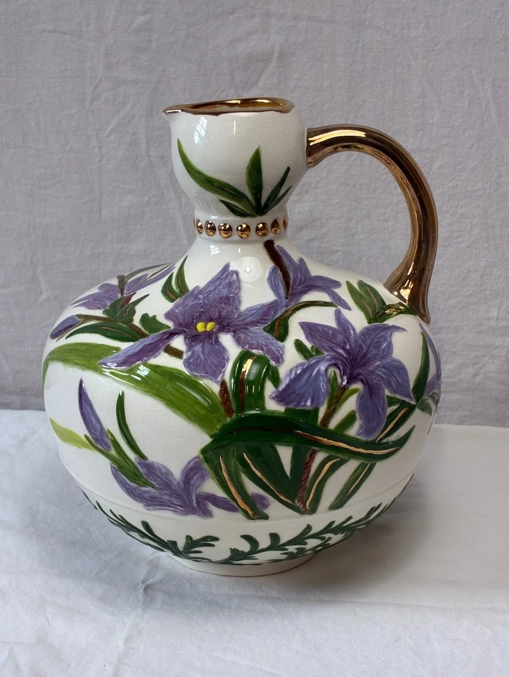Vintage Hand-Painted Floral Ceramic Pitcher with Gold Accents - 8.5 in Height